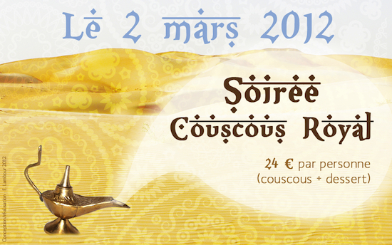 soirée couscous royal le 2 mars 24 euros par personne